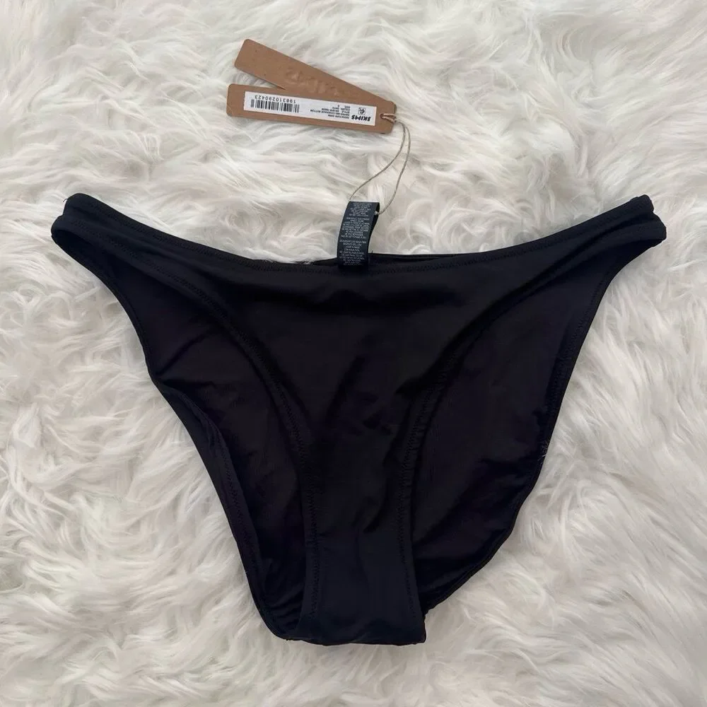 Skims Signature Swim Dipped Mid Coverage Bikini Bottom Onyx Size Small